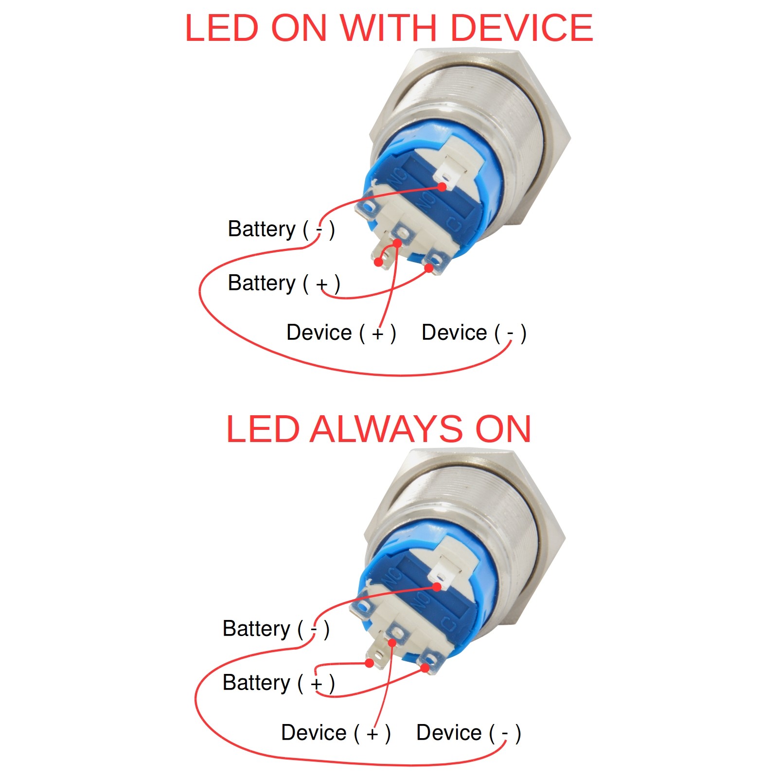 3/4″ (19mm) Momentary Push Button Starter Switch / Boat Horn Metal w/ Power LED
