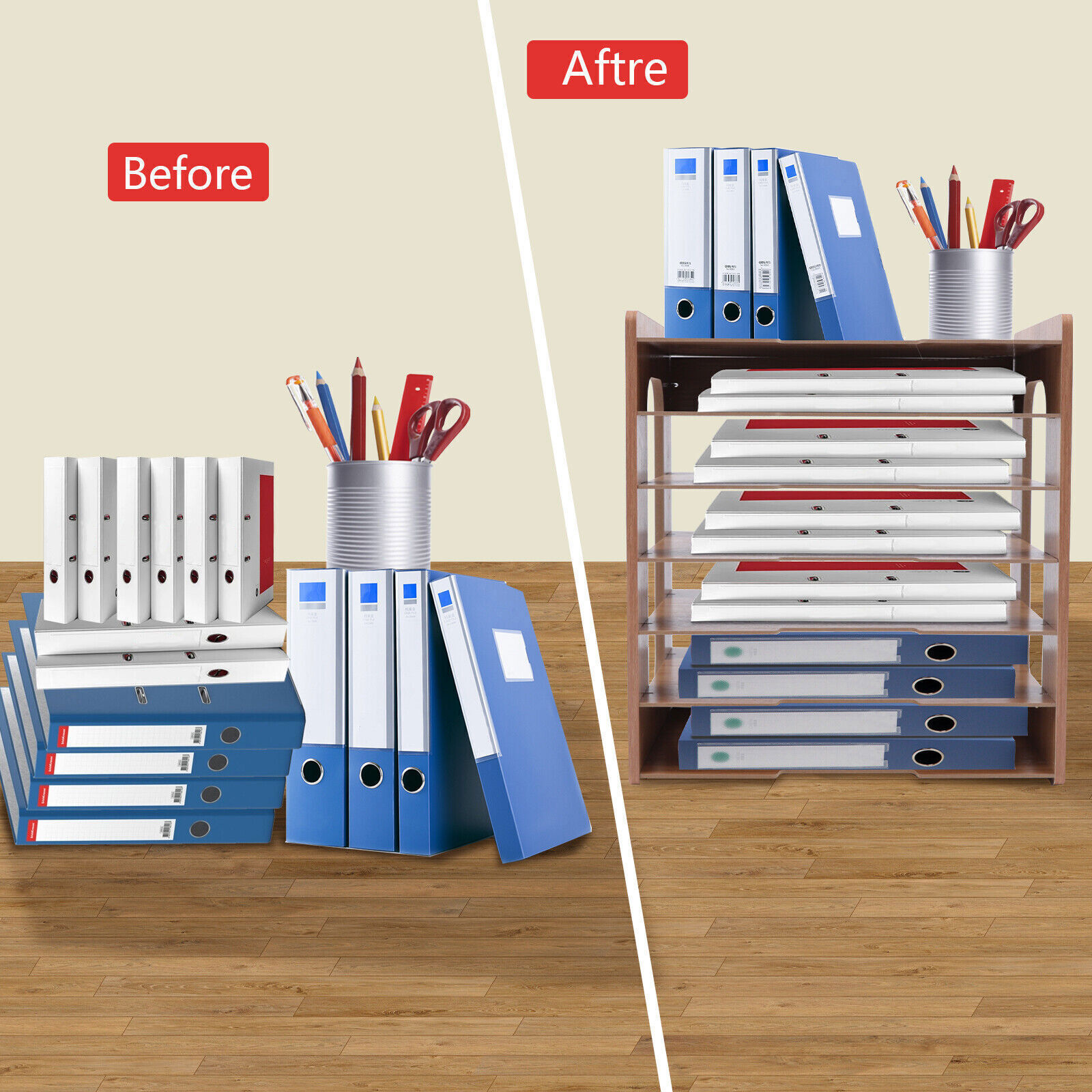 7 Tier Wood Desktop Paper Organizer File Document Storage Shelf for Home Office
