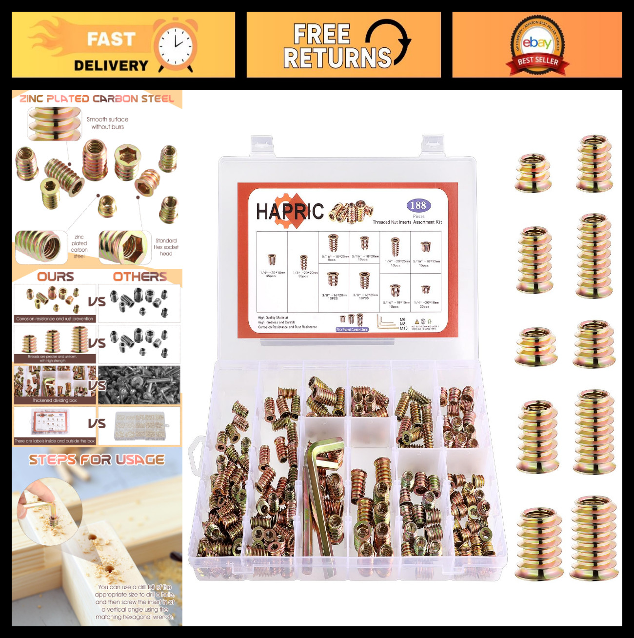 191 Pcs Wood Threaded Inserts Set with Hex Wrench – 10 Sizes, Durable & Versatil