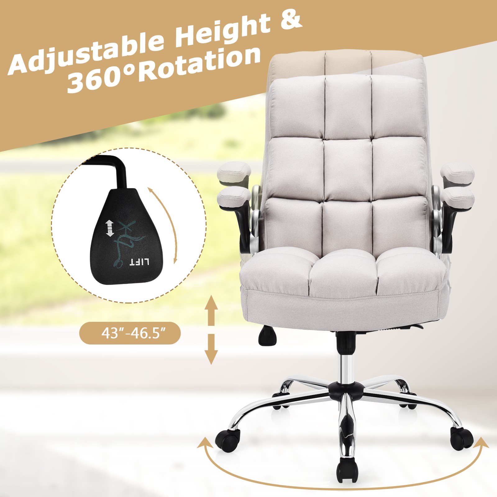 Costway High Back Big & Tall Office Chair Adjustable Swivel w/Flip-up Arm Beige