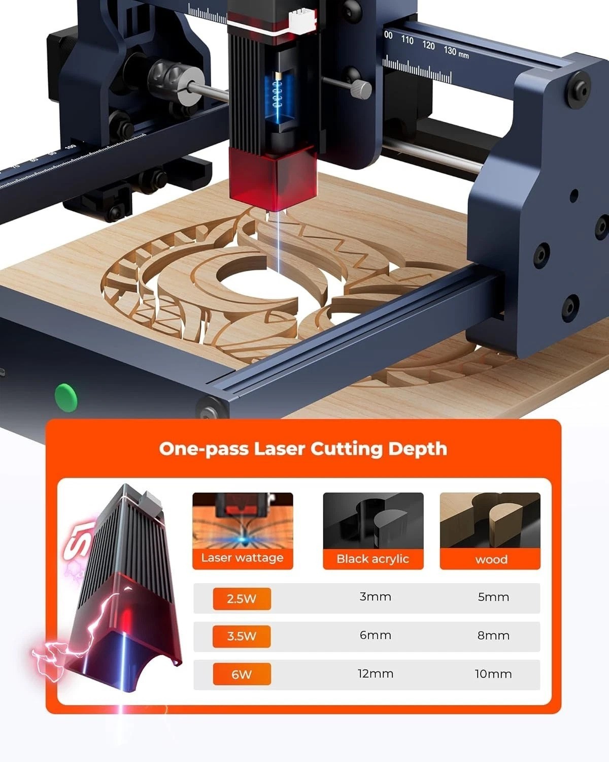 High Accuracy 2500mW Laser Engraver Cutter 0.04mm Spot Metal Black 130x130mm