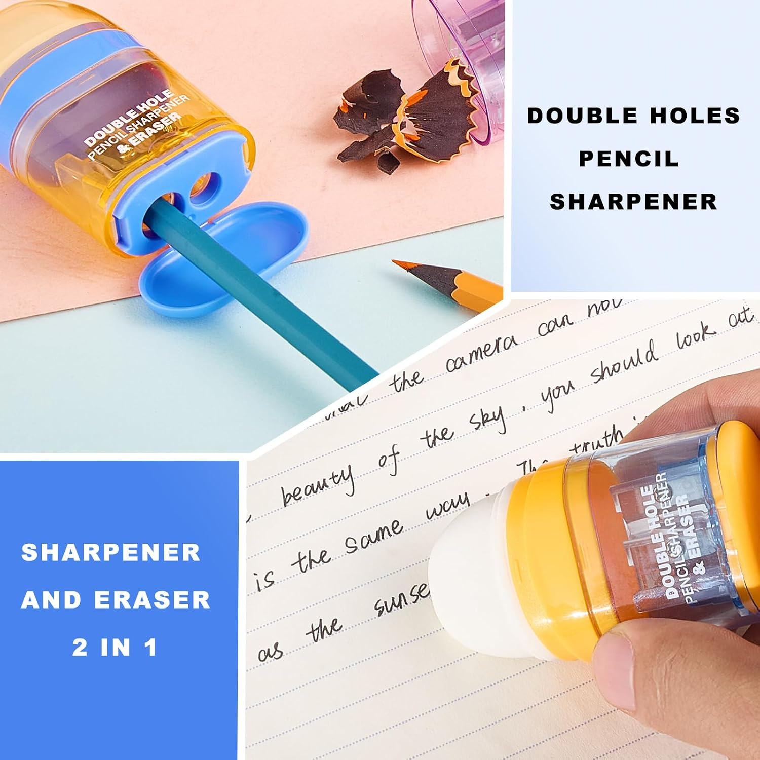Pencil Sharpener with Eraser, 4 Pack,2 Sharpening Holes, Colorful Manual Handhel