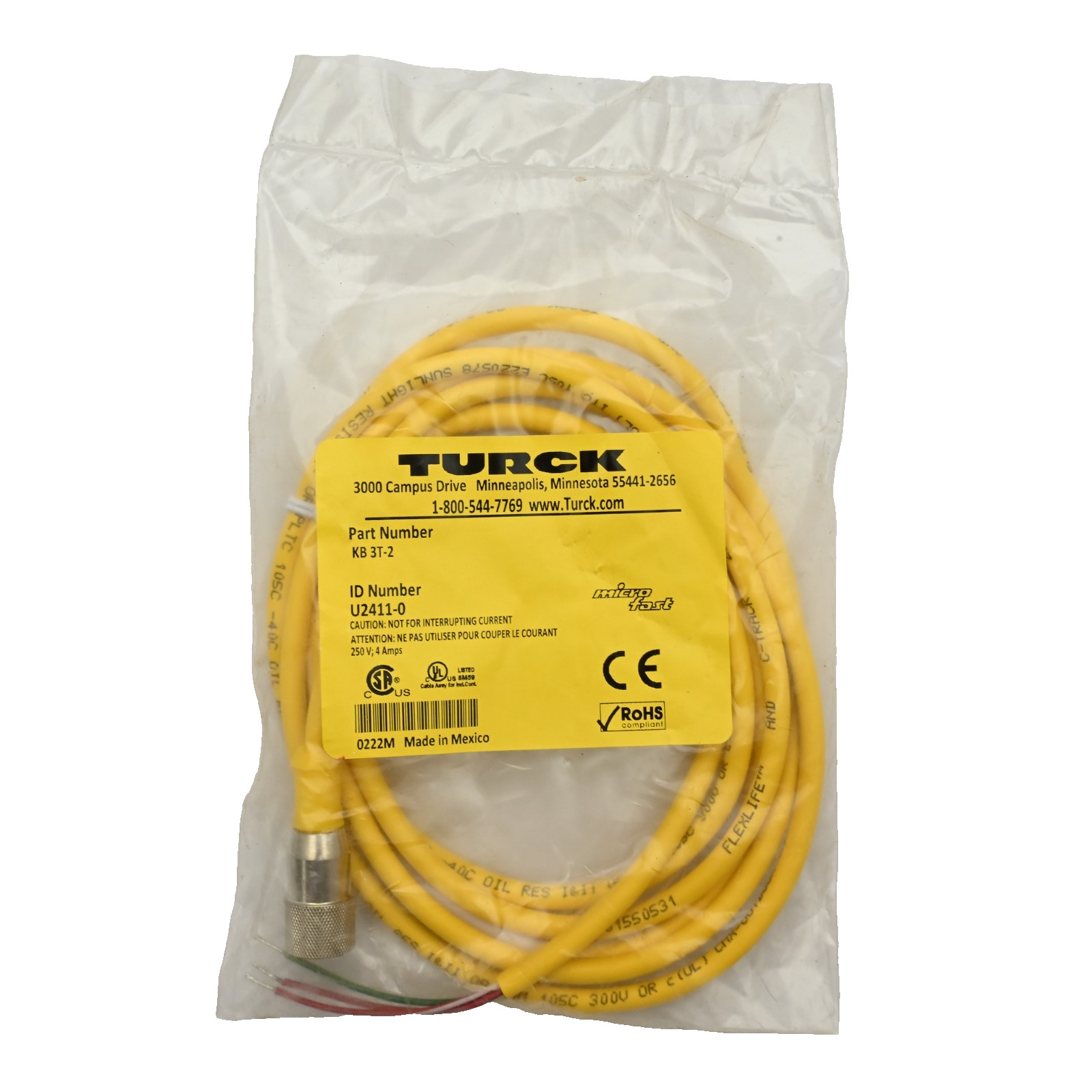 TURCK KB 3T-2 Single Ended Cordset 1/2 Inch Female to Pigtail 2m PVC