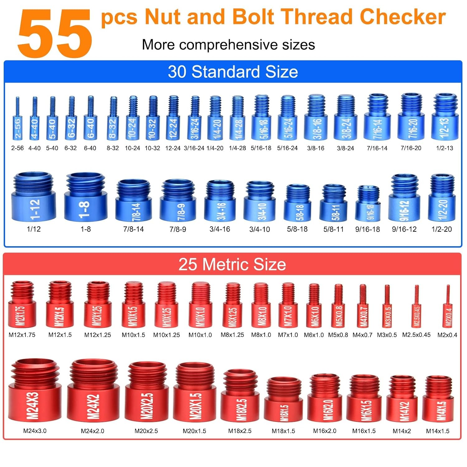 55Pcs Nut and Bolt Thread Checker 25 Metric + 30 SAE Inch Thread Gauge Set Deta