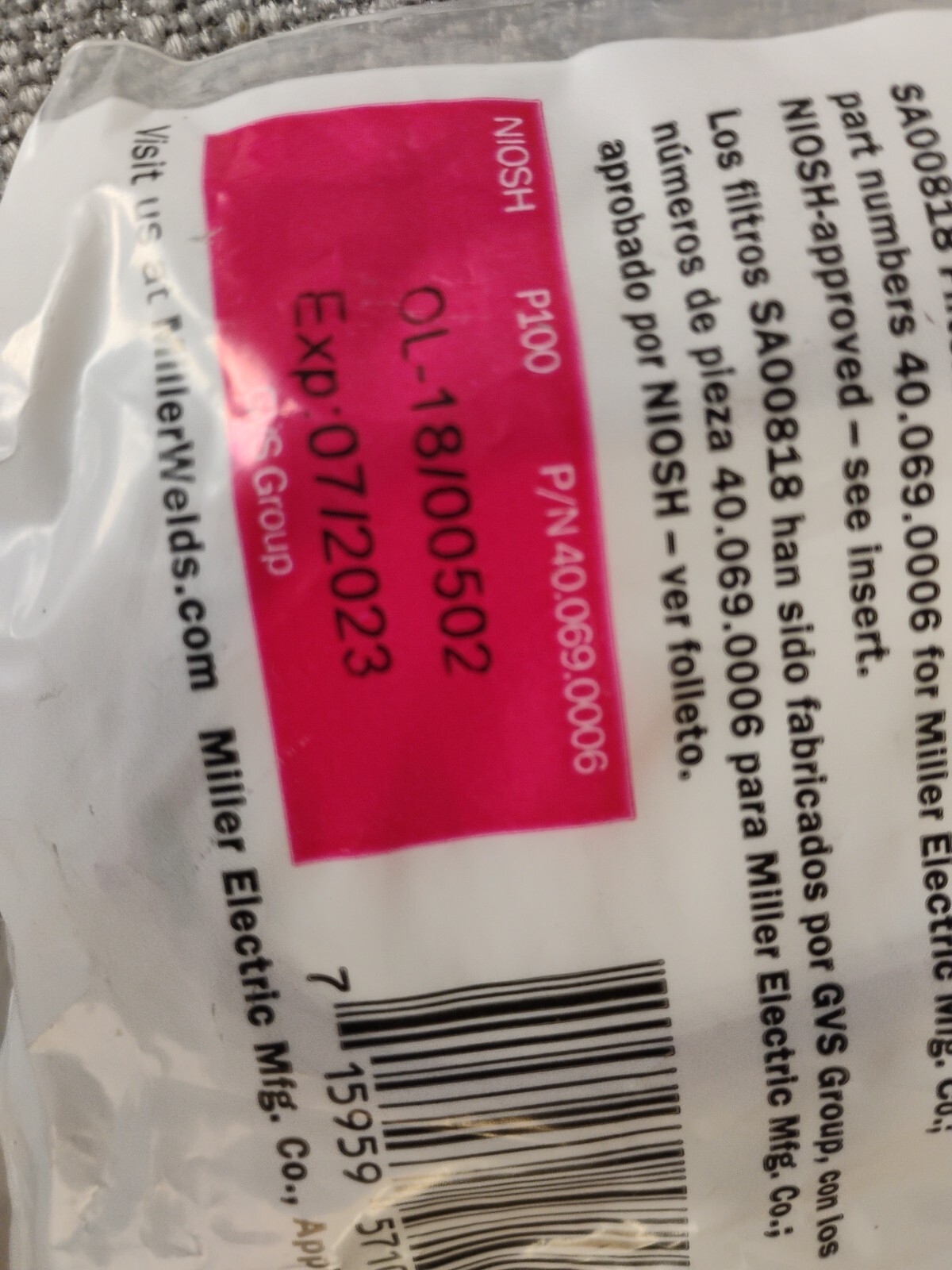 Miller Electric Sa00818 Filter • Niosh Rating P100 • Magenta Exp 07 2023