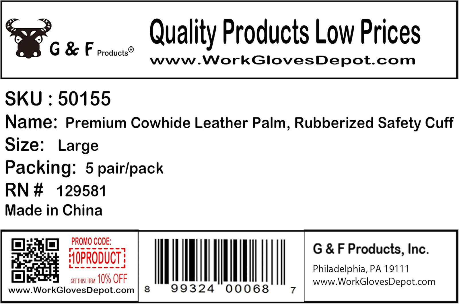 Cowhide Leather Work Gloves Pack of 60 with Cotton Back and Rubber Safety Cuff