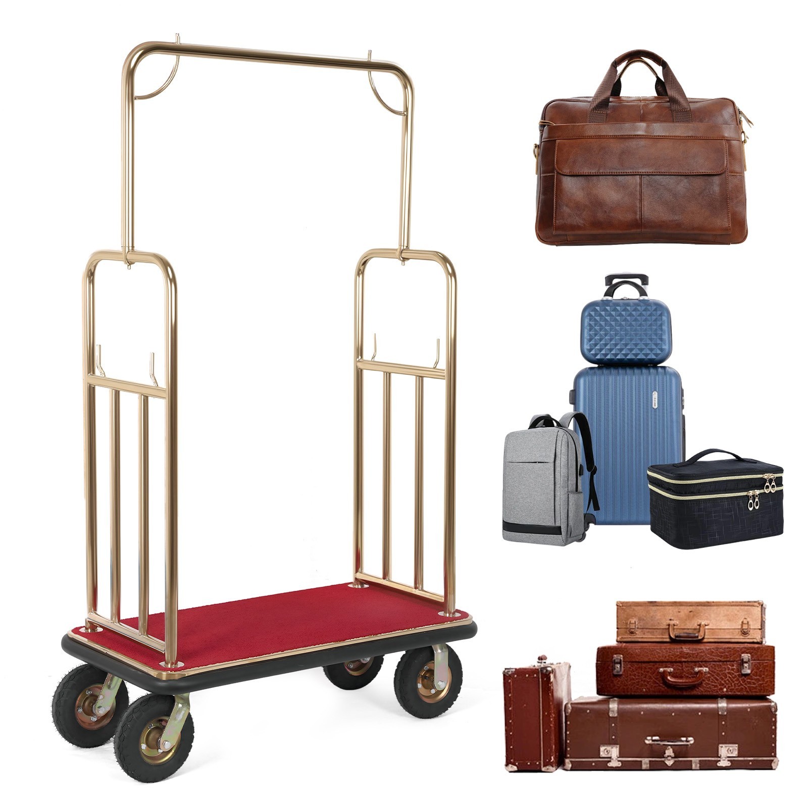 Hotel Luggage Cart 1200 lbs Capacity Stainless Steel Bellman Cart with 8″ Wheels