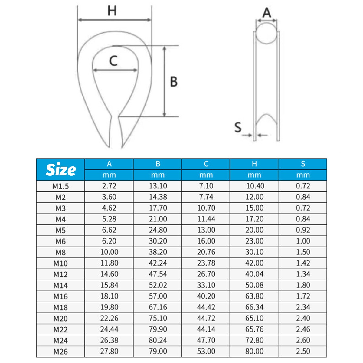 304 Stainless Steel Wire Thimble Cable End Loop Rigging For M1.5-M32 Rope