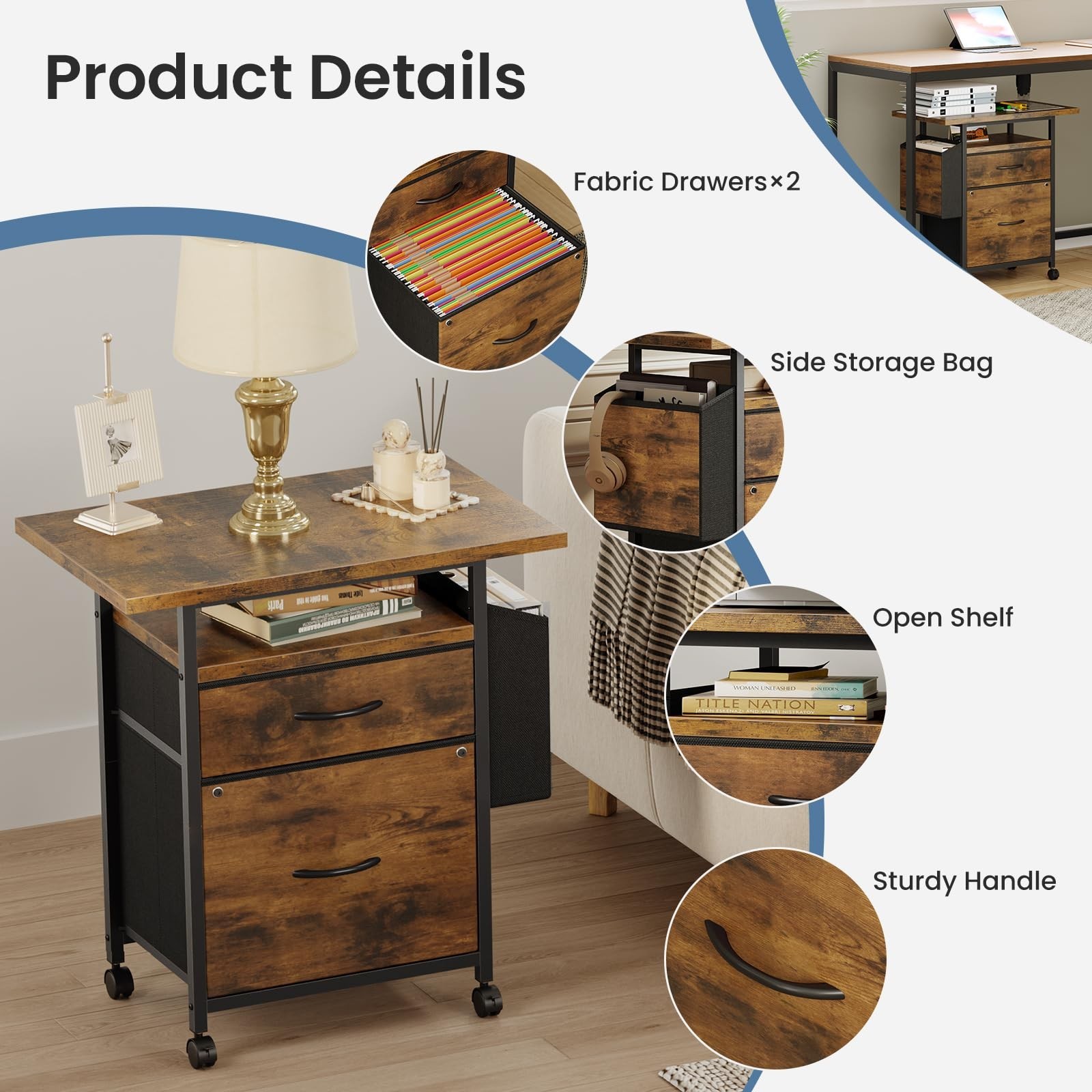 Rolling Mobile File Cabinet w/2 Drawers&Open Storage Shelf Office Printer Stand