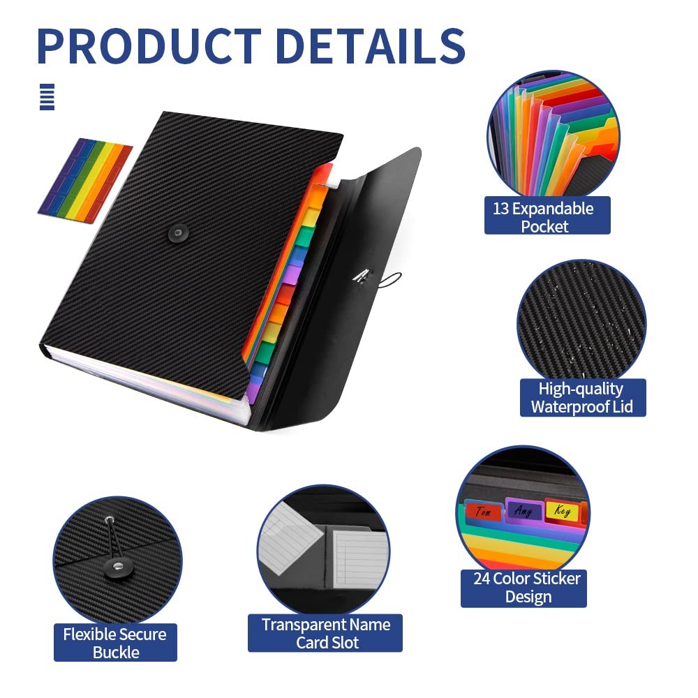 Expanding File Folder, 13 Pockets 12.99”×9.45”×1.77”, Black+multicolor