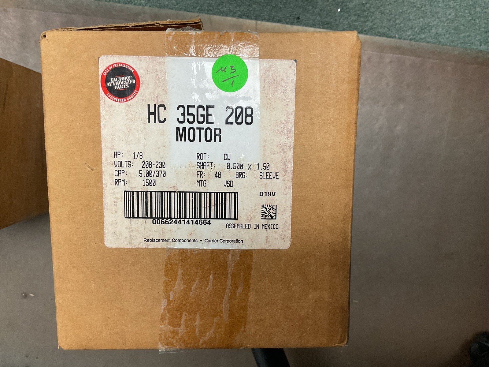 Genteq HC35GE208 1/8 Hp 1500 Rpm 208-230V Fan Motor, New In Box
