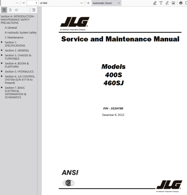 JLG 400S 460SJ Boom Lifts Service Repair Operators Manual Parts Catalog PDF USB