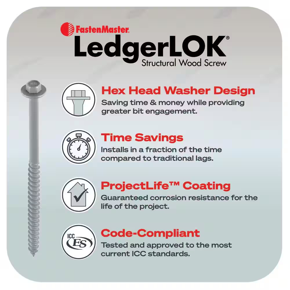 Ledgerlok Structural Ledger Board Screws – 5 Inch Wood Screws with Hex Head – Gr