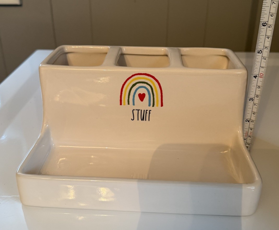 Rae Dunn *STUFF* White Ceramic Organizer, Stationary Or Makeup Brushes, 8.25”