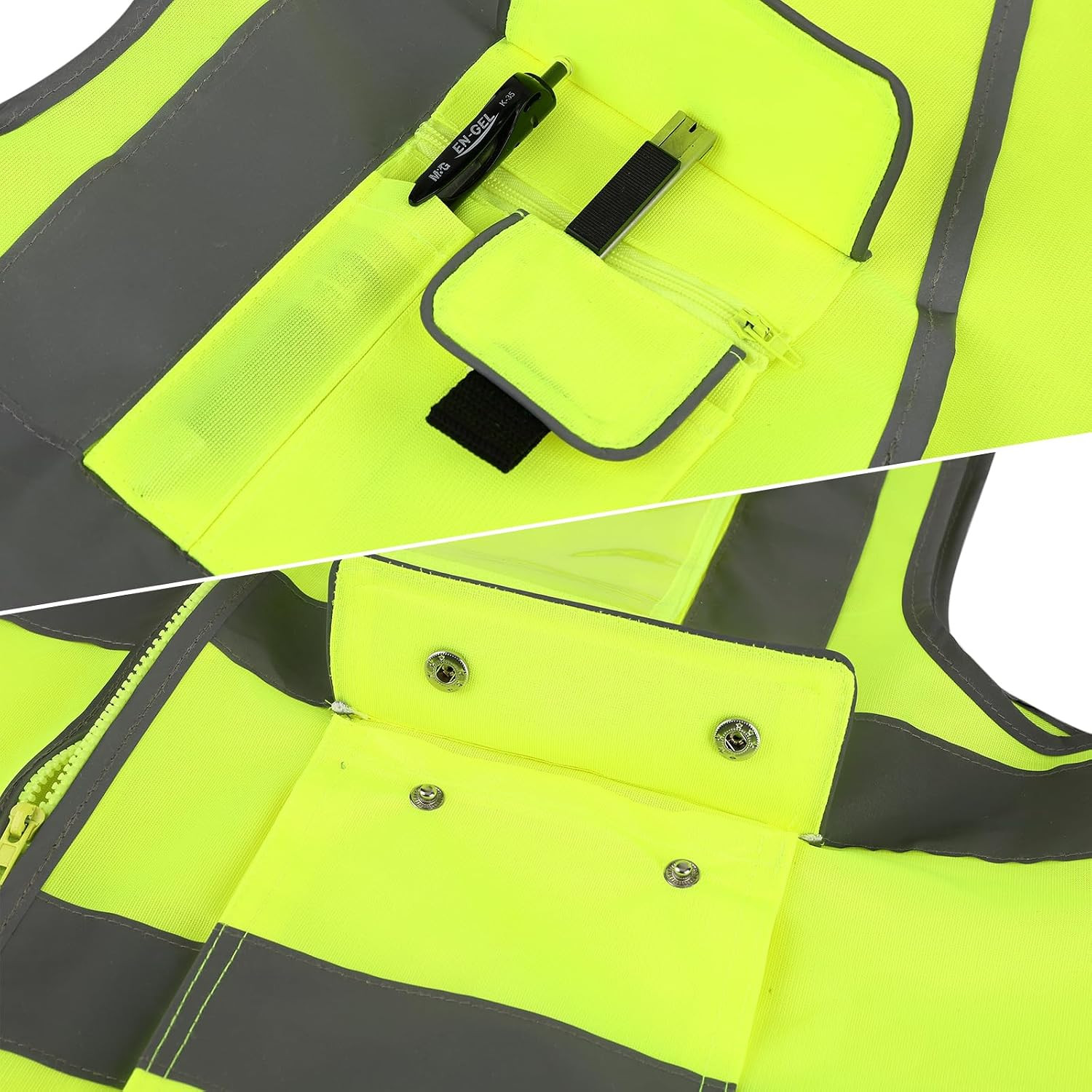 Class 2 High Visibility Safety Vest with Zipper Front, 9 Pockets & Reflective