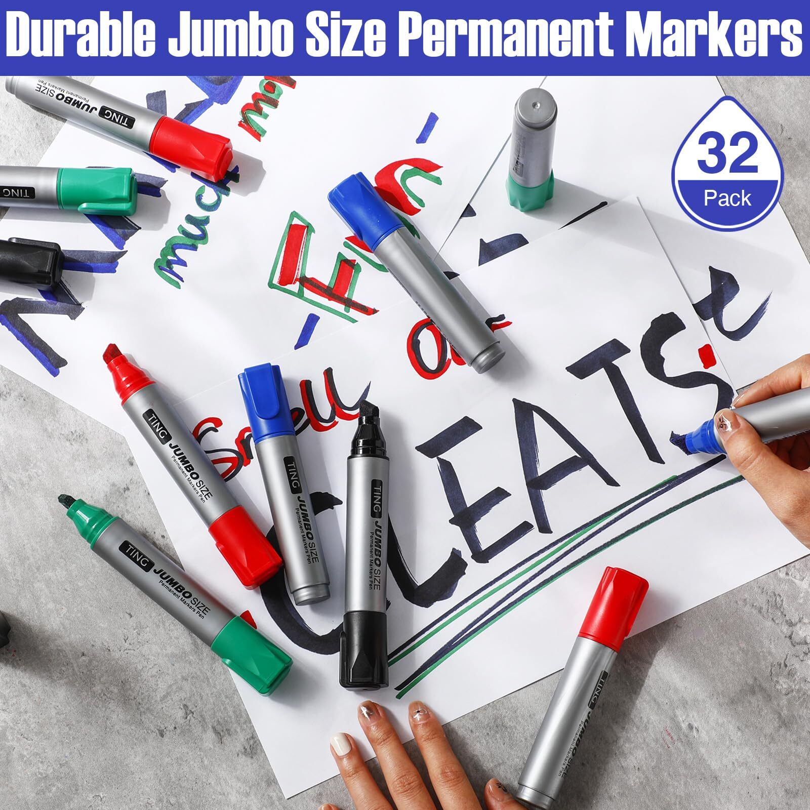 32 Pcs Jumbo Permanent Markers Chisel Tip Waterproof Black Blue Green Red