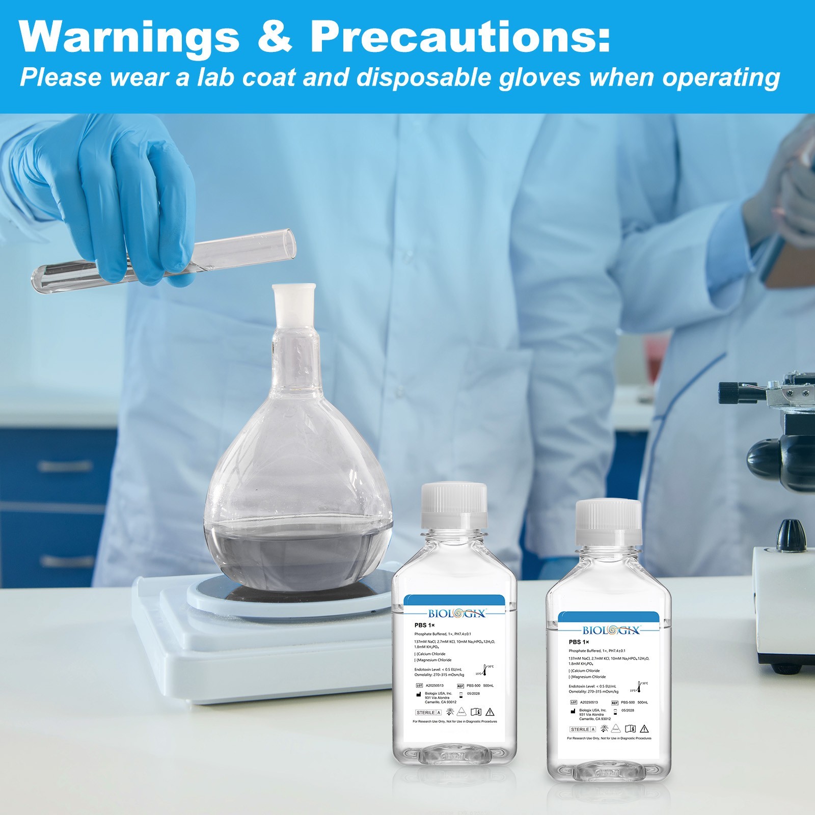 Biologix® PBS Buffer (1×), pH7.4, Low Endotoxin, 500mL/Bottle, 10 Bottles/Case