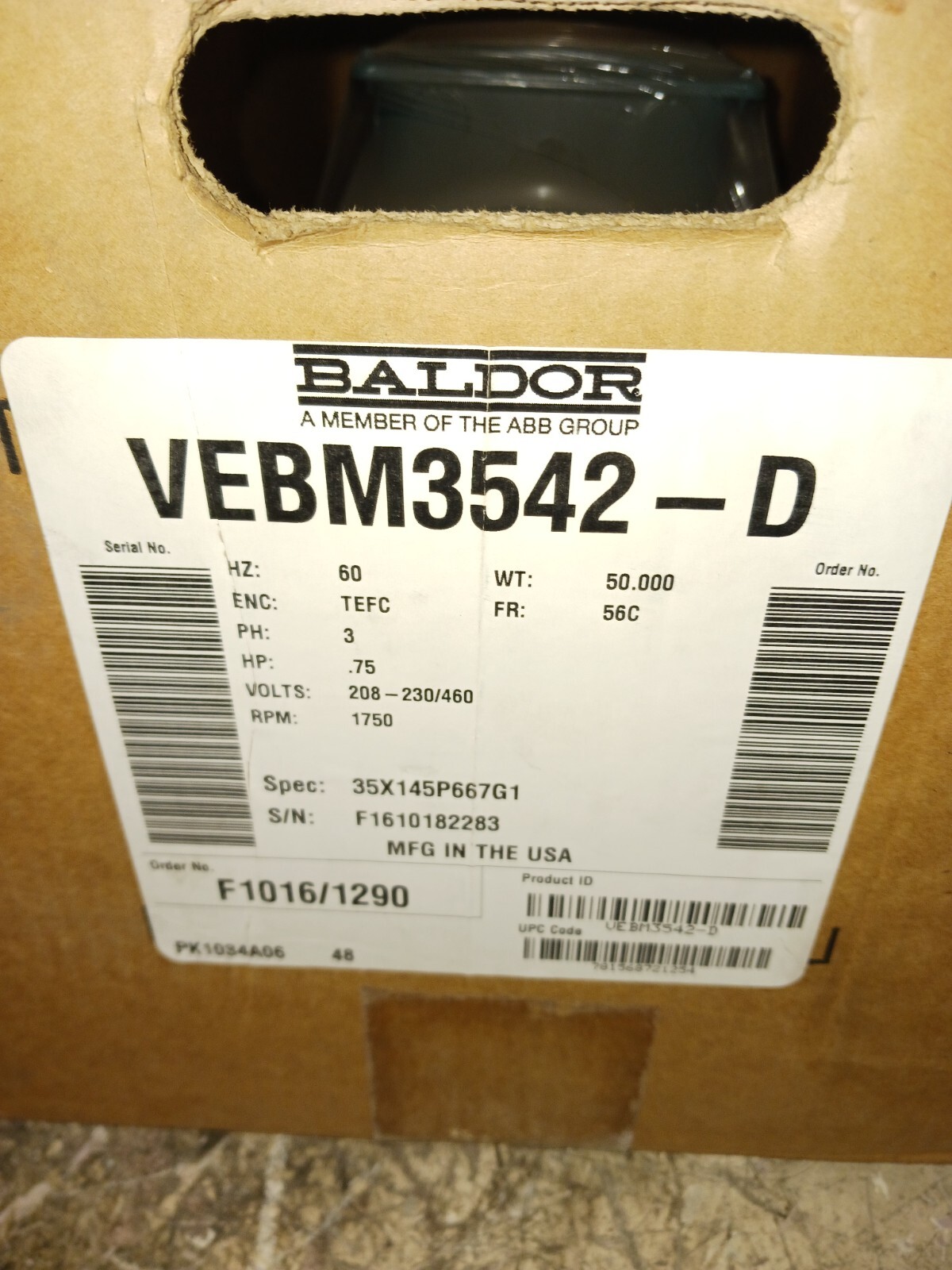 NEW Baldor .75 HP AC Brake Motor 56C 208-230/460 VAC 1750 RPM Tefc VEBM3542-D