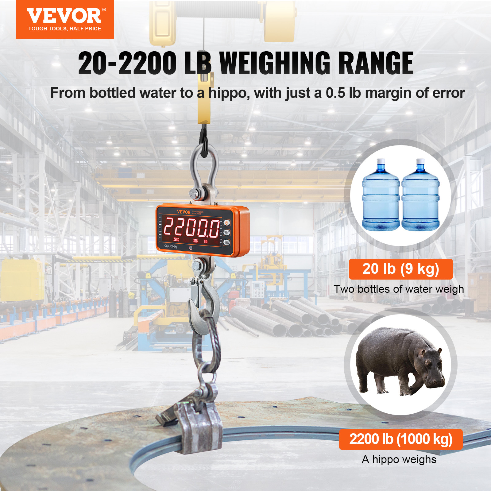 VEVOR Digital Crane Scale Industrial Hanging Scale 2200 lbs/1000 kg Heavy Duty