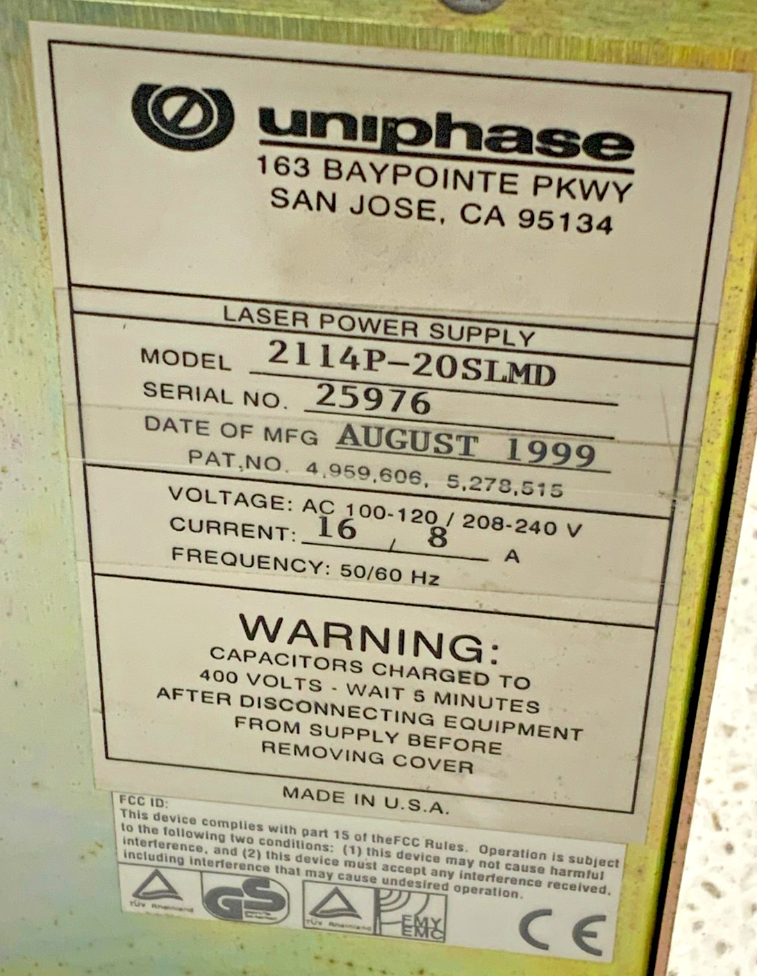 JDS Uniphase 2114P-20SLMD W JDS 2214R-40MLA Continuous Wave Argon Laser Head