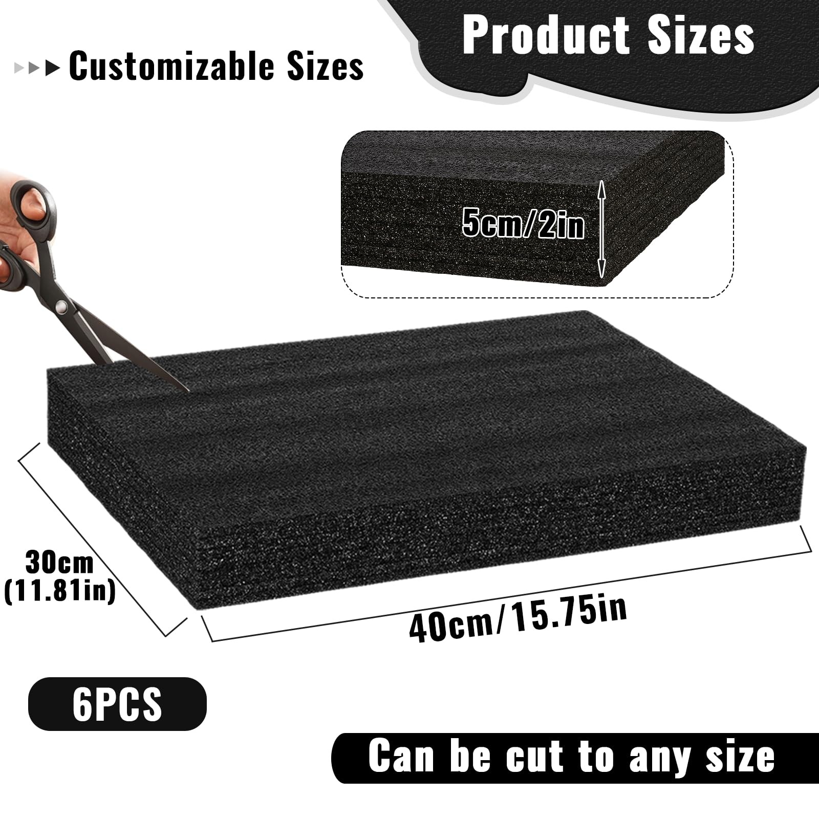 6 PCS 16x12x2 Inch Polyurethane Foam Inserts Cases Packing Black Craft