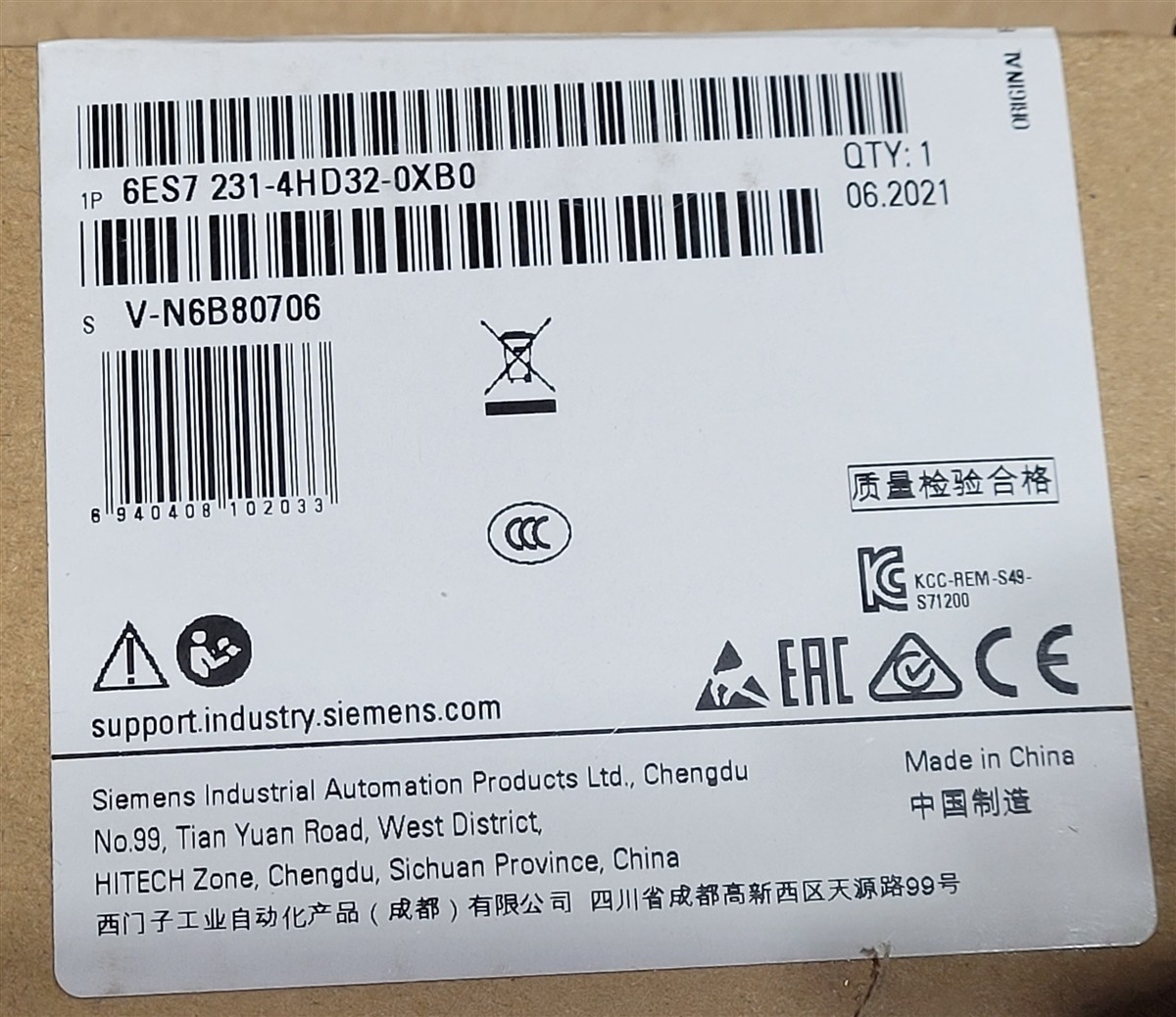 SIEMENS 6ES7 231-4HD32-0XB0 Simatic S7-1200 Analog Input Module 06-2021 NEW