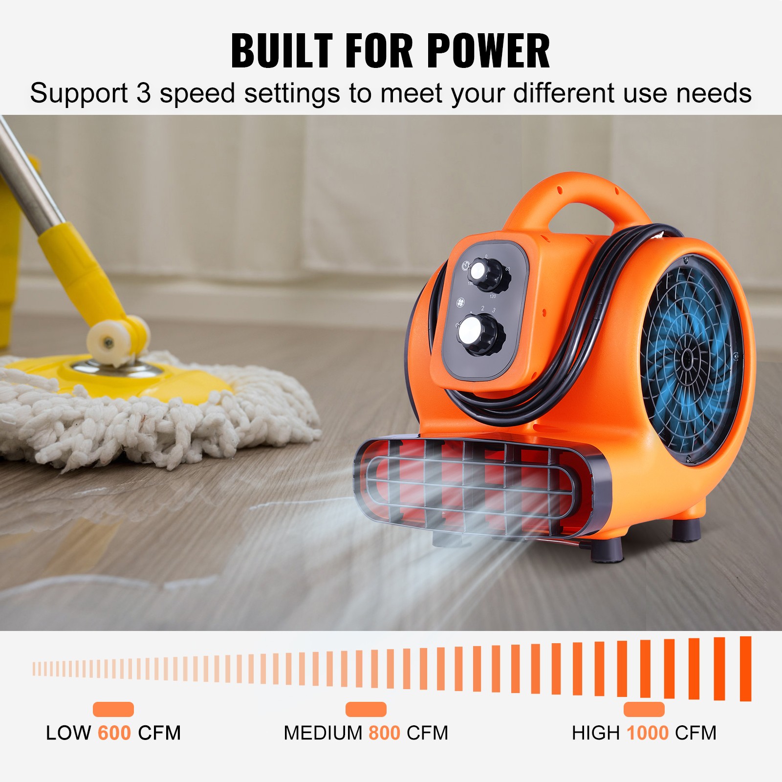VEVOR 1000 CFM 3-Speed 1/4 HP Adjustable Air Mover Carpet Dryer Blower Floor Fan