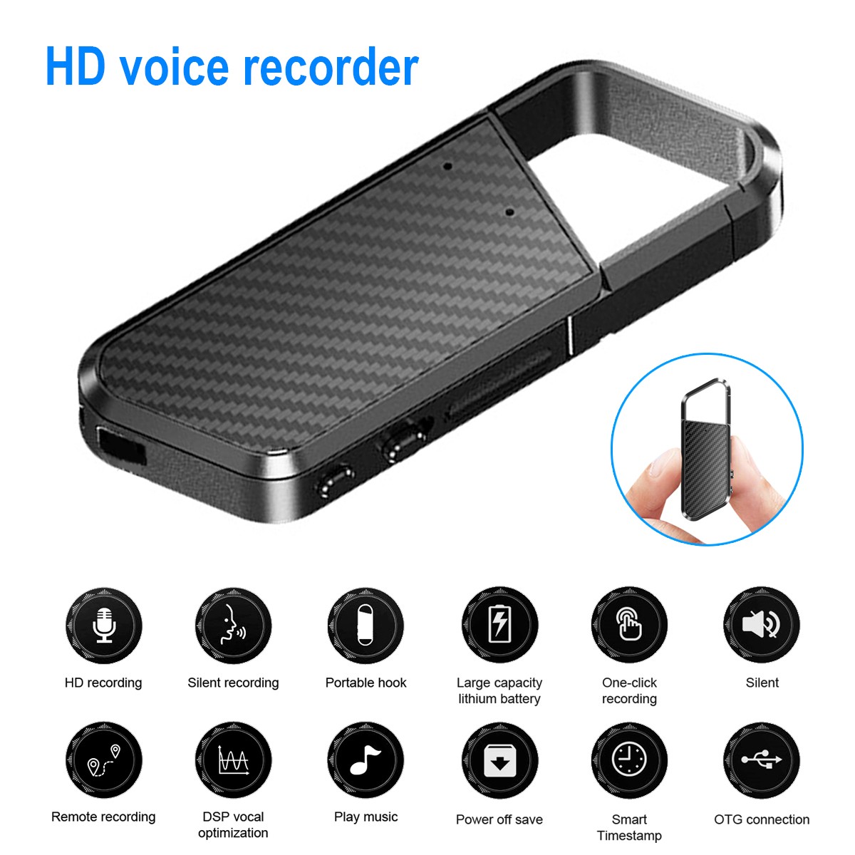 500hr 16GB Magnetic HD Digital Voice Activated Recorder Mini Audio MP3 Playback