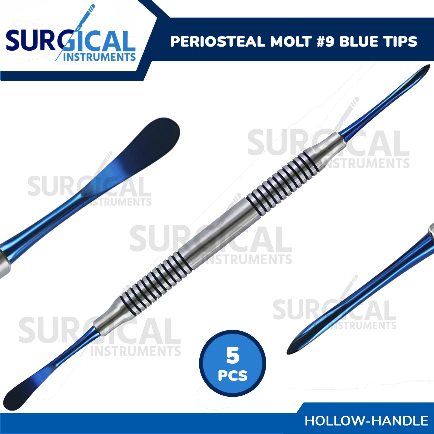 5 Pcs Molt Periosteal Elevator # 9 W/Blue Tips Dental Hollow Handle German Grade