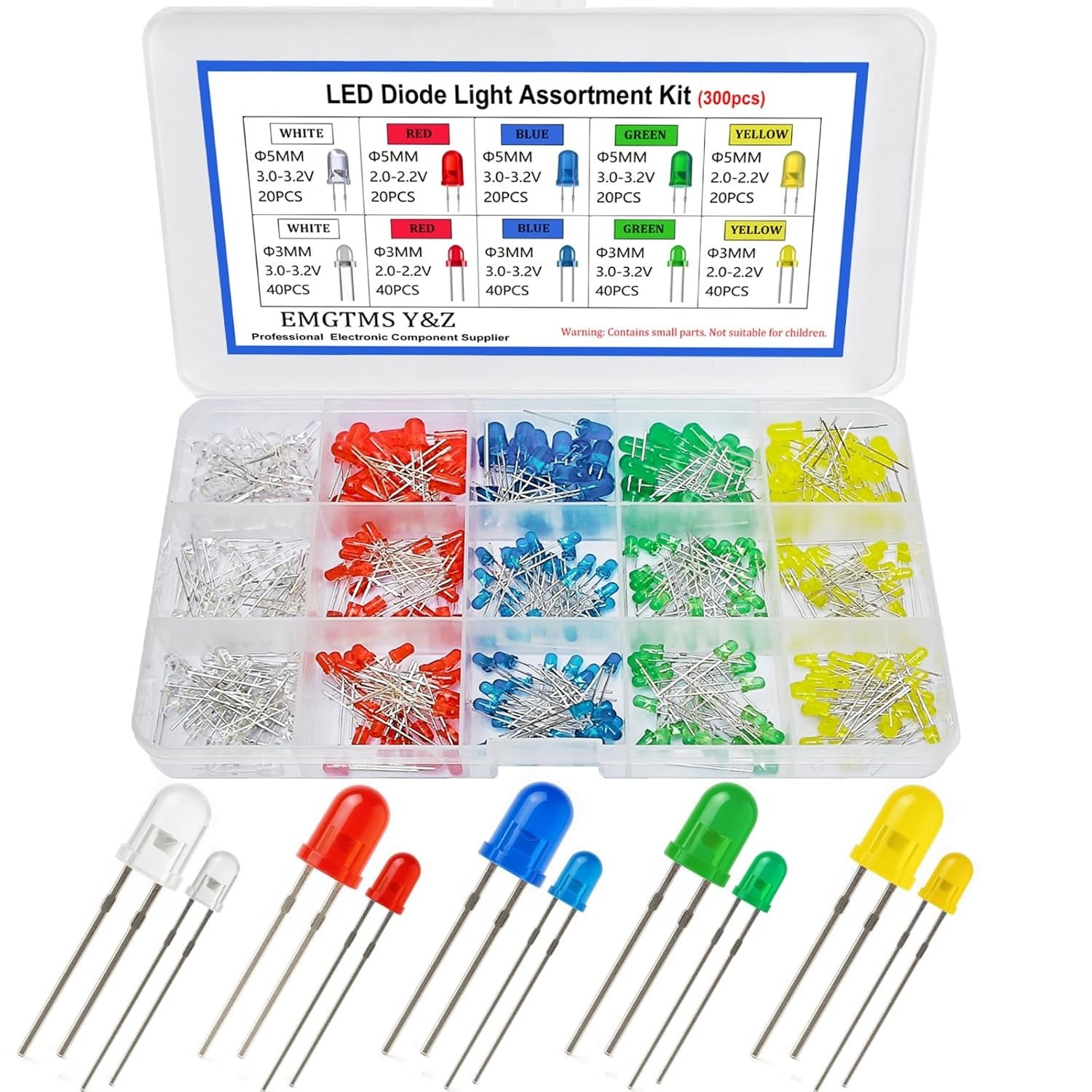 300 Pcs 3mm & 5mm LED Diode Assortment Kit – 5 Colors White/Red/Blue/Green/Ye…