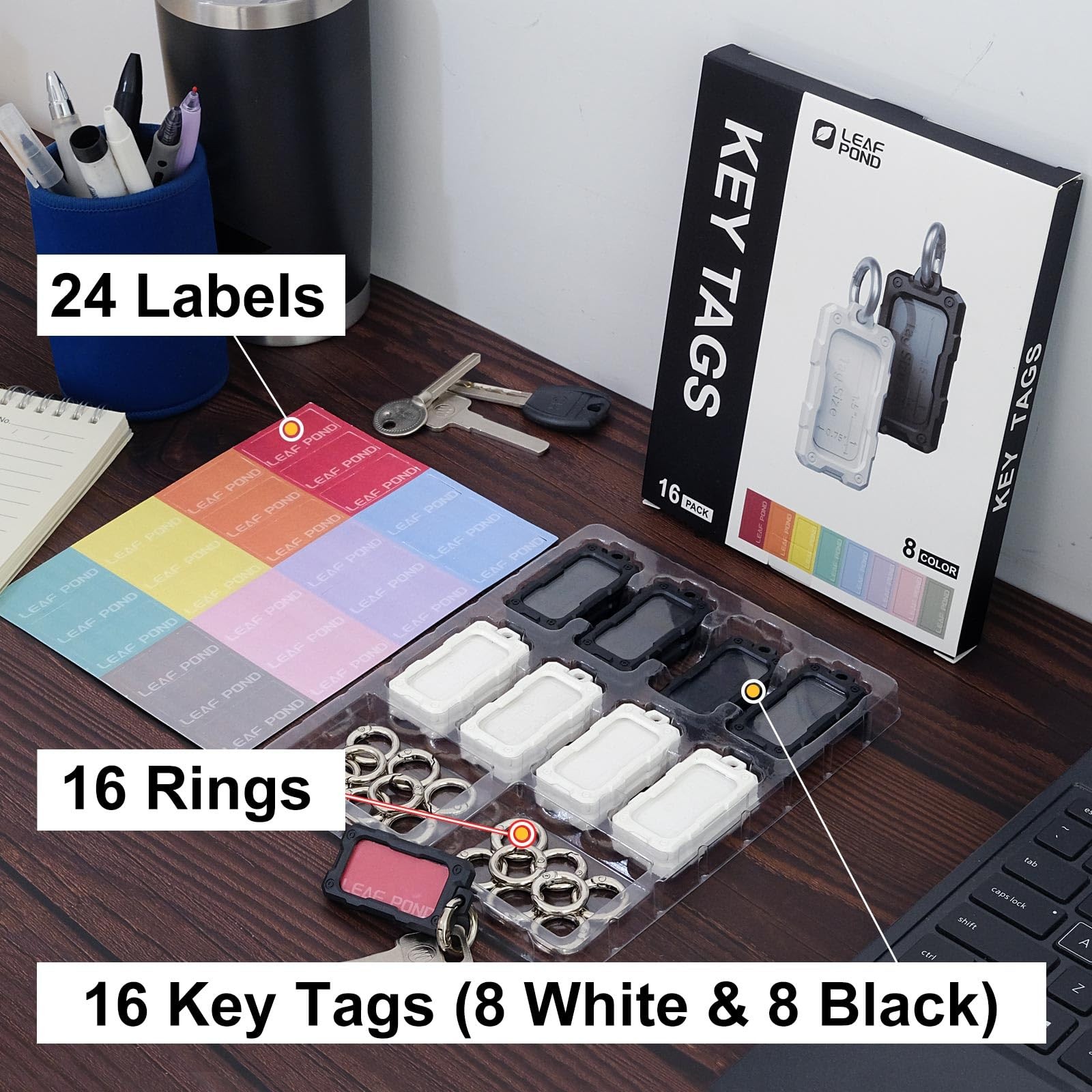 16 Pack Solid Plastic Key Tags with Keychain Rings, Color ID Name Label in