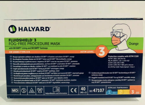 Halyard ASTM 47107 FluidShield Level 3 Orange Fog-Free Face Masks 40/Bx