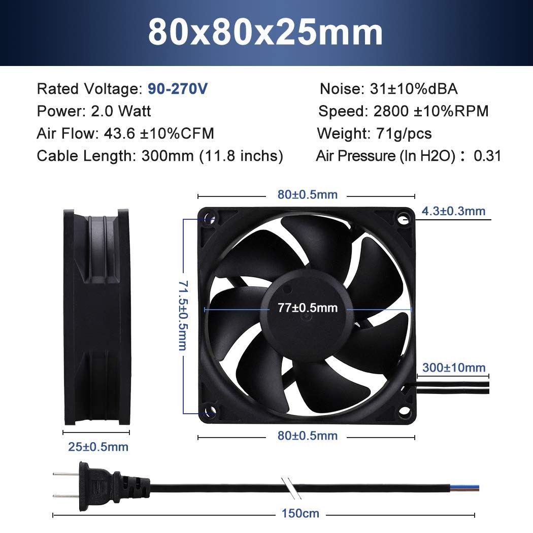 Wathai 80mm EC Axial Fan AC 110V 115V 120V 220V 240V Brushless Cooling Fan 80mm