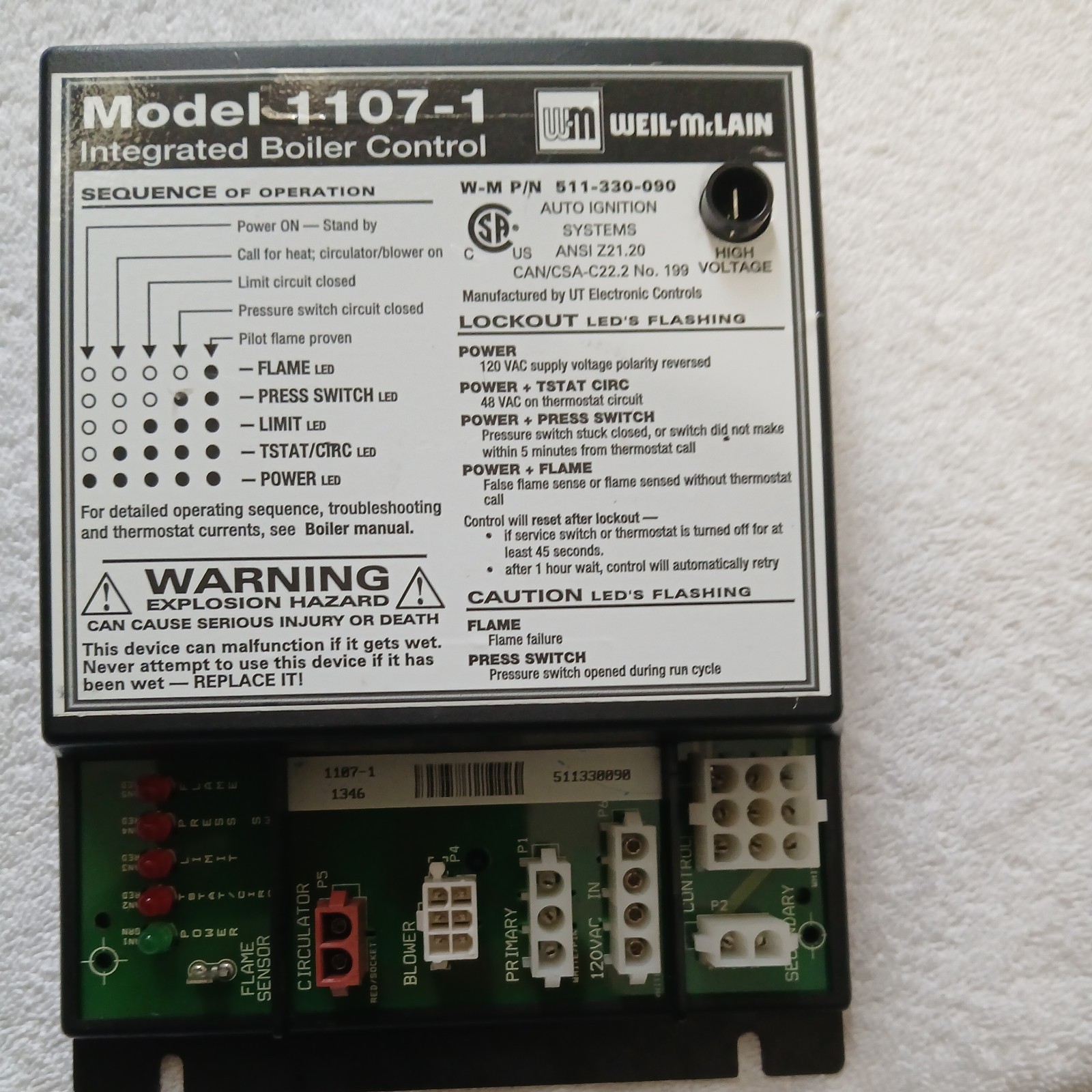 Weil McLain 1107-1 Integrated Boiler Control Module Model 511-330-090