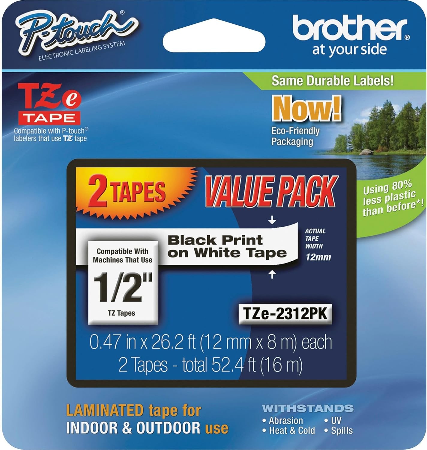 2PK Tape Brother Genuine PTouch, TZe-231 ½”(0.47”) x 26.2 ft (8m) Black on White