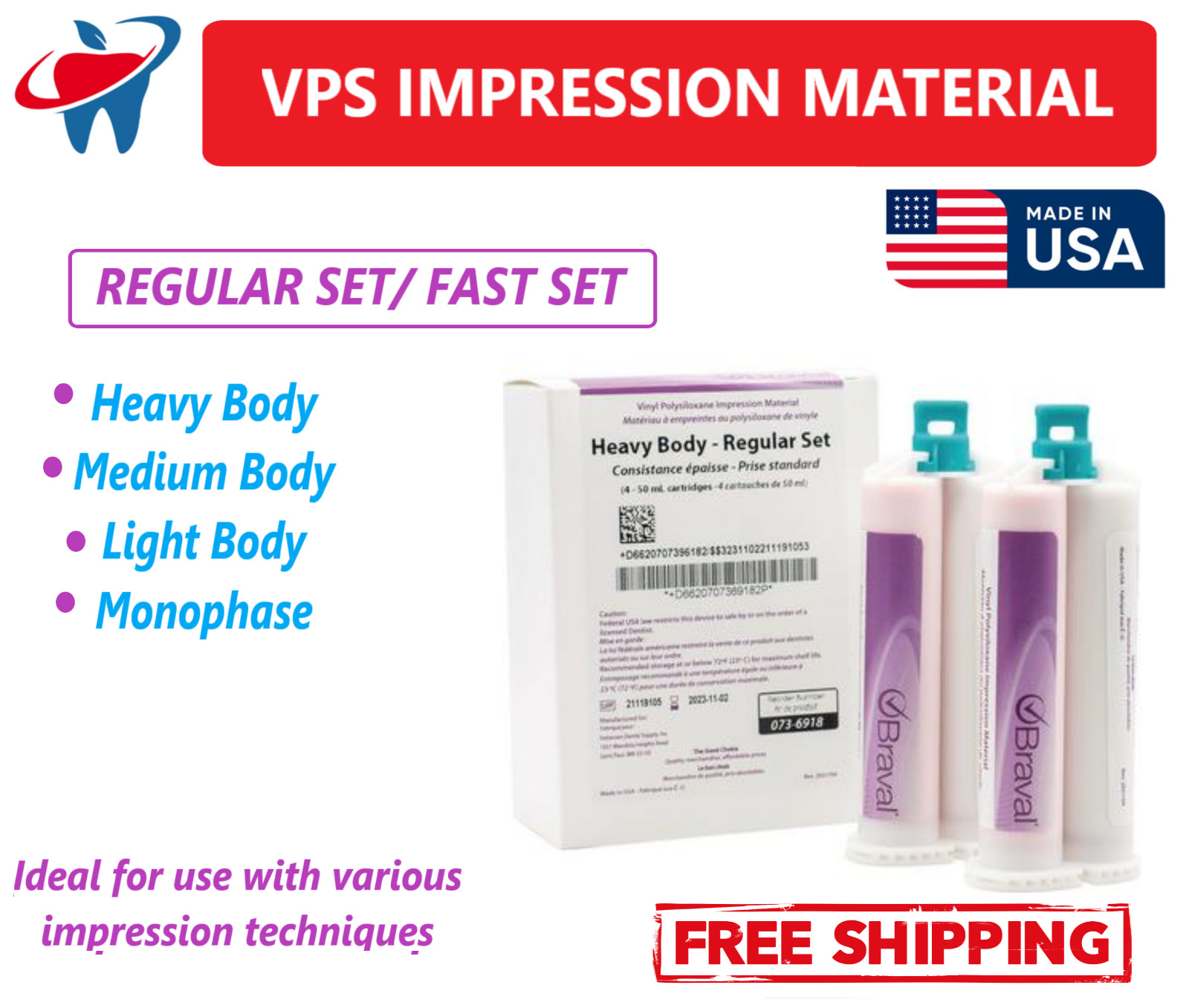 4/Box, AMGoods Heavy Body Fast Set Impression Material VPS Dental PVS 50ml USA