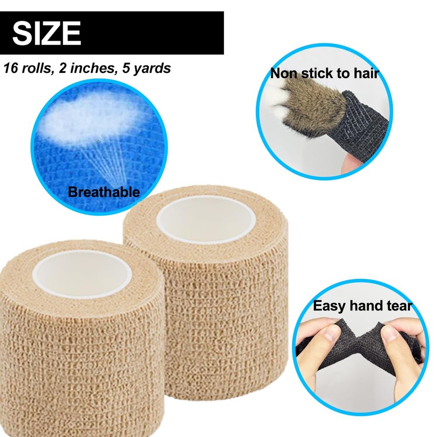 16 Pack Self Adhesive Bandage Wrap, 2″ X 5 Yards Beige Elastic Cohesive Banda…