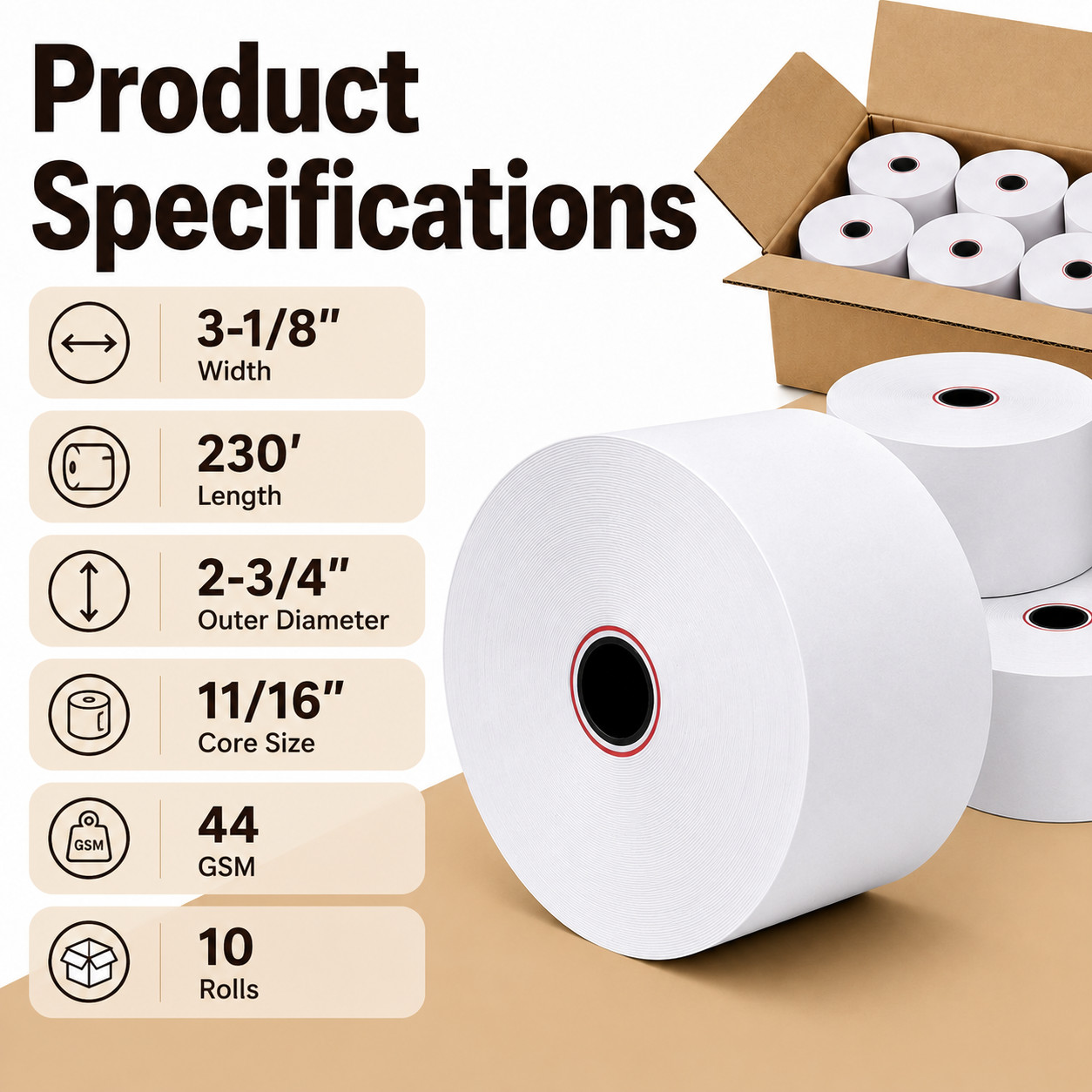 (10) 3-1/8″ x 230′ THERMAL POS RECEIPT PAPER ROLLS