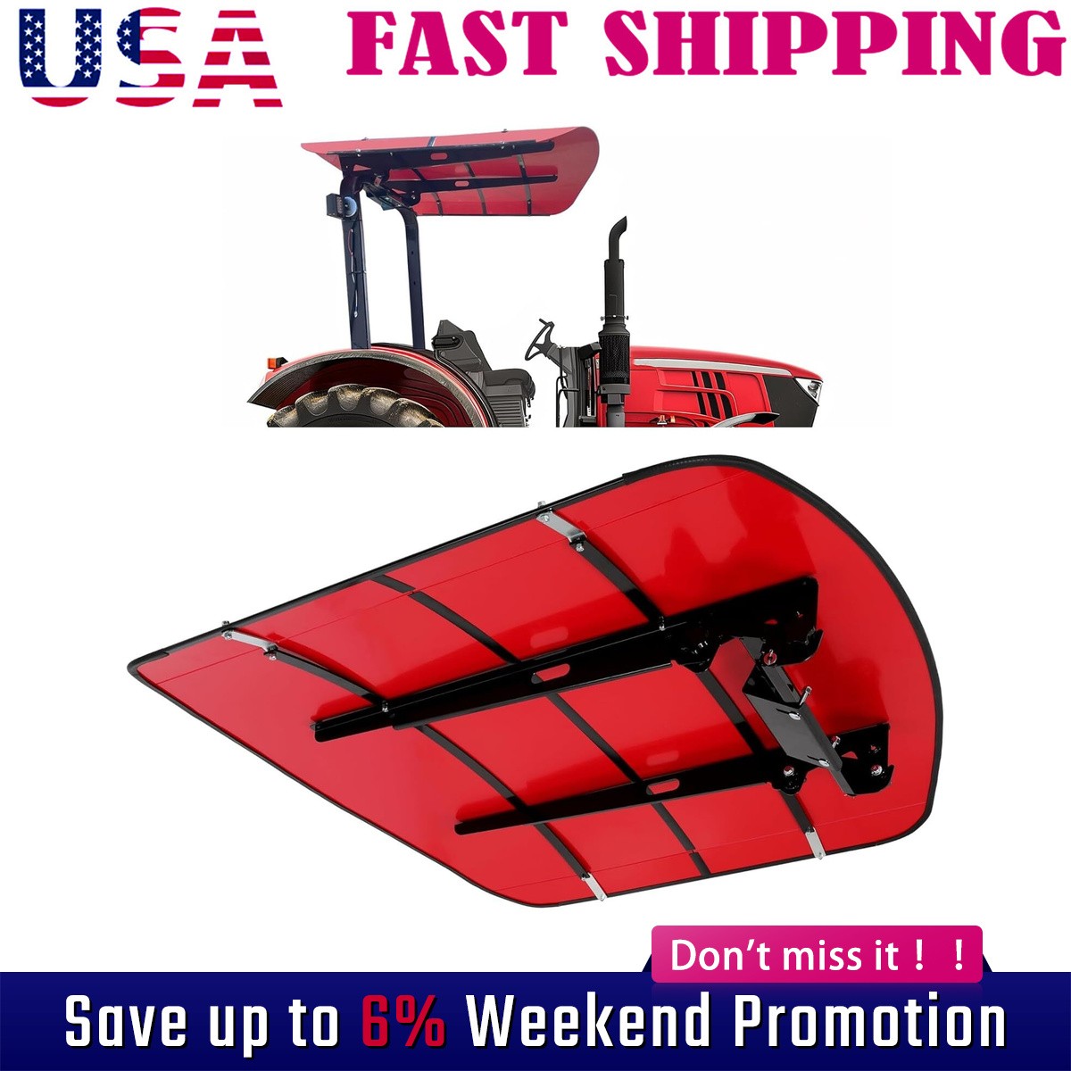 Sun Shield Tuff Top Tractor Canopy For 2″ x 2″ or 2″ x 3″ ROPS 48″ X 52″-Red