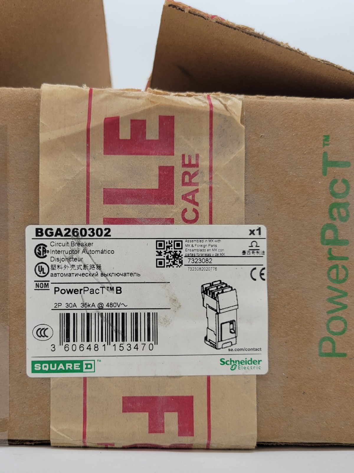 Square D BGA260302 PowerPact I-Line Circuit Breaker 30A 2P 600V 18KA BG30 Green