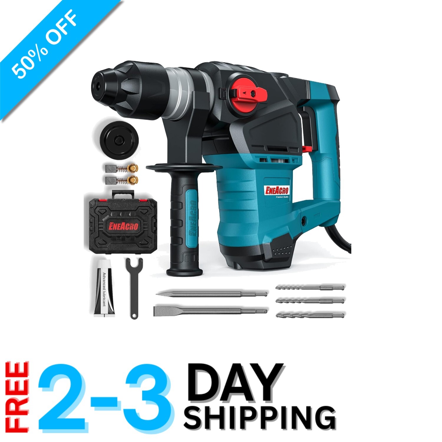 Powerful 3-in-1 Rotary Hammer Drill with Vibration Control, Accessories Included