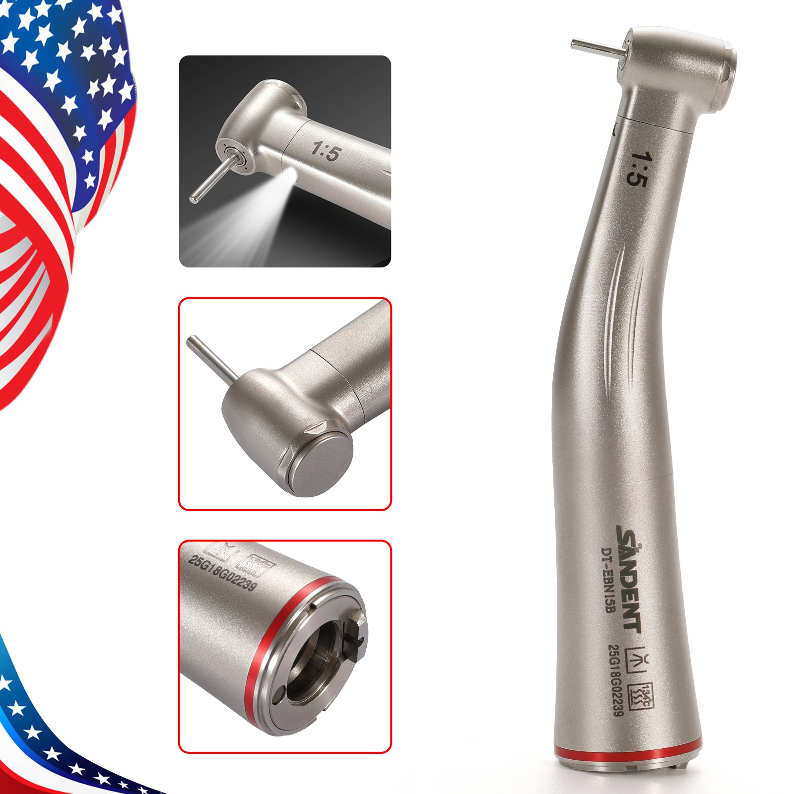 Dental 1:5 Contra Angle Fiber Optic LED Low Speed Handpiece Standard Head