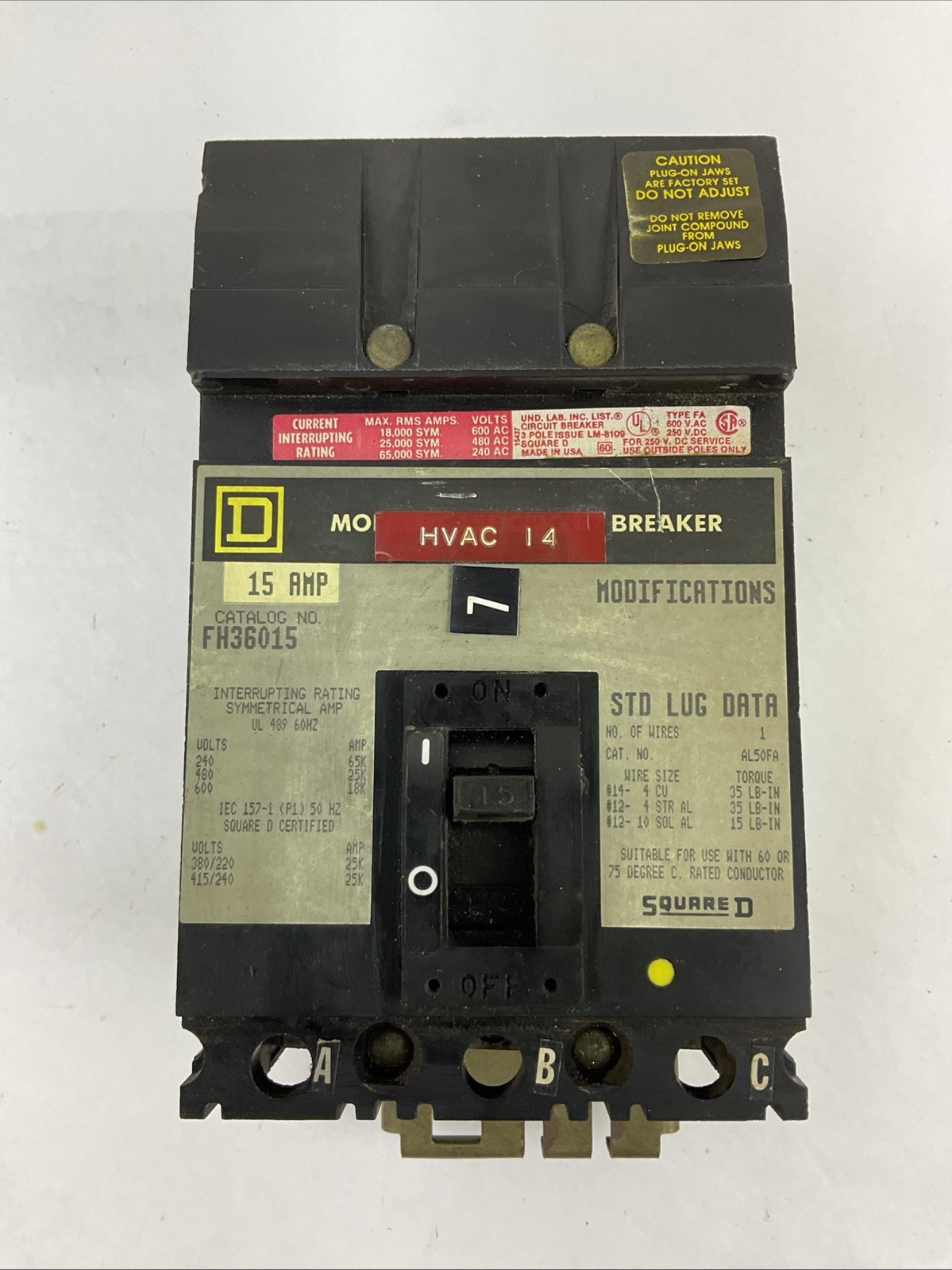SQUARE D FH36015 CIRCUIT BREAKER 15AMP 3POLE 600VAC