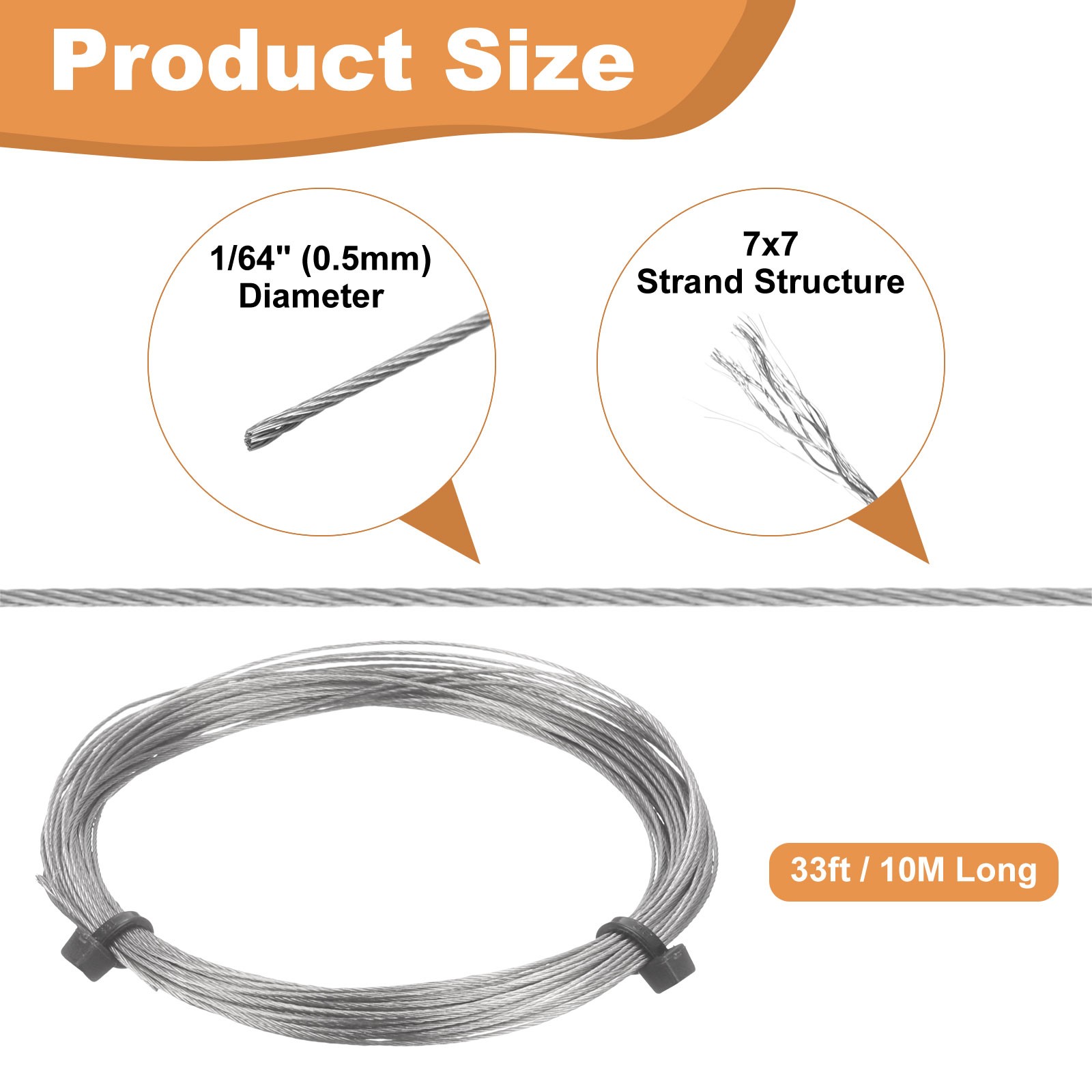 33ft (10M) 0.5mm Stainless Steel Wire Rope 7×7 Strand with 20pcs Loop Sleeves