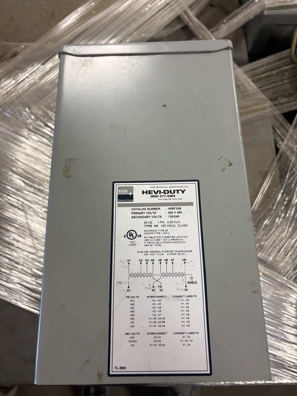 SOLA Hevi-Duty HS5F3AS 3 KVA Transformer Primary 240×480 Secondary 120/240 USED