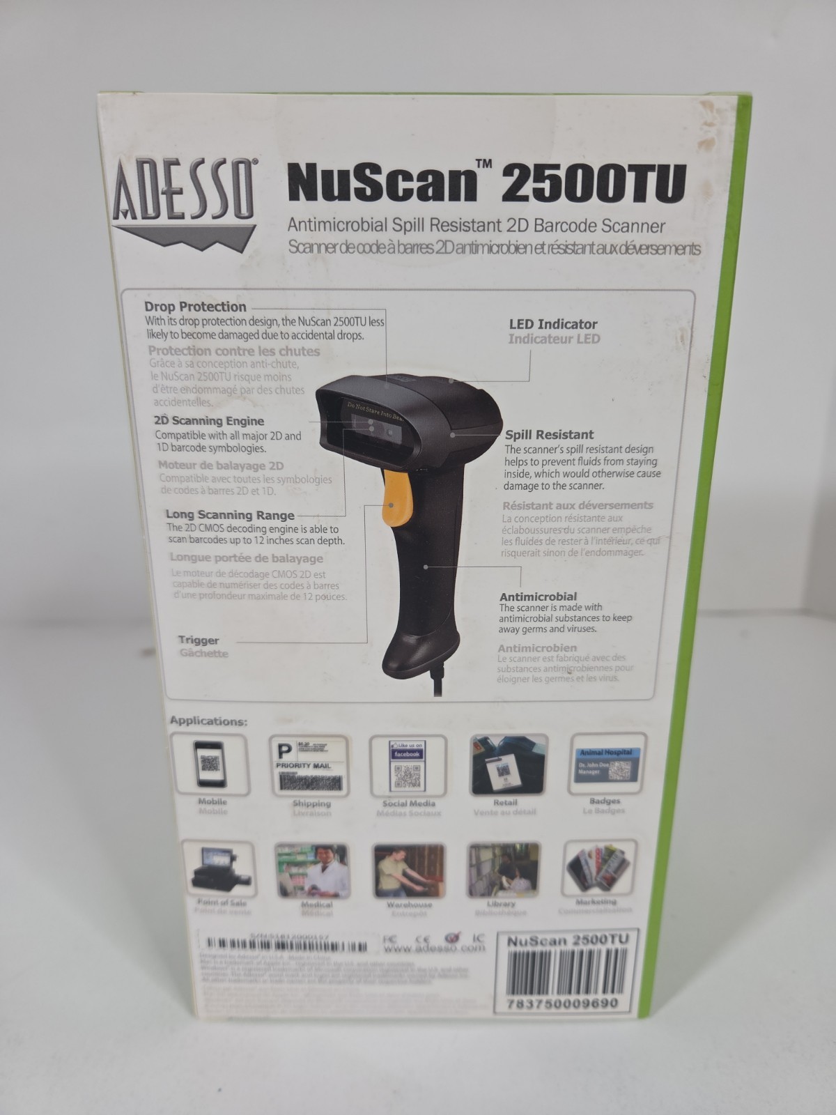 Adesso NuScan 2500TU Antimicrobial Spill Resistant Barcode Scanner