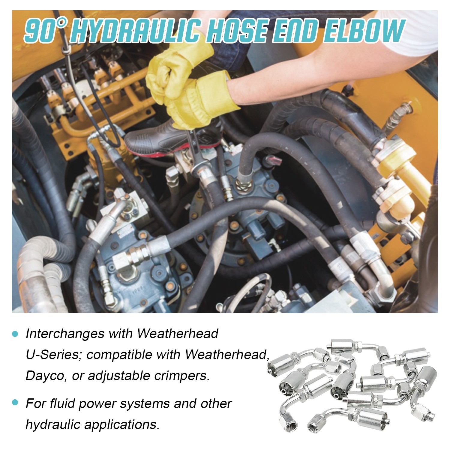 10X 1/4″ JIC 37° Female 90° Hydraulic Hose Fittings For 1/4″ I.D. Hydraulic Hose