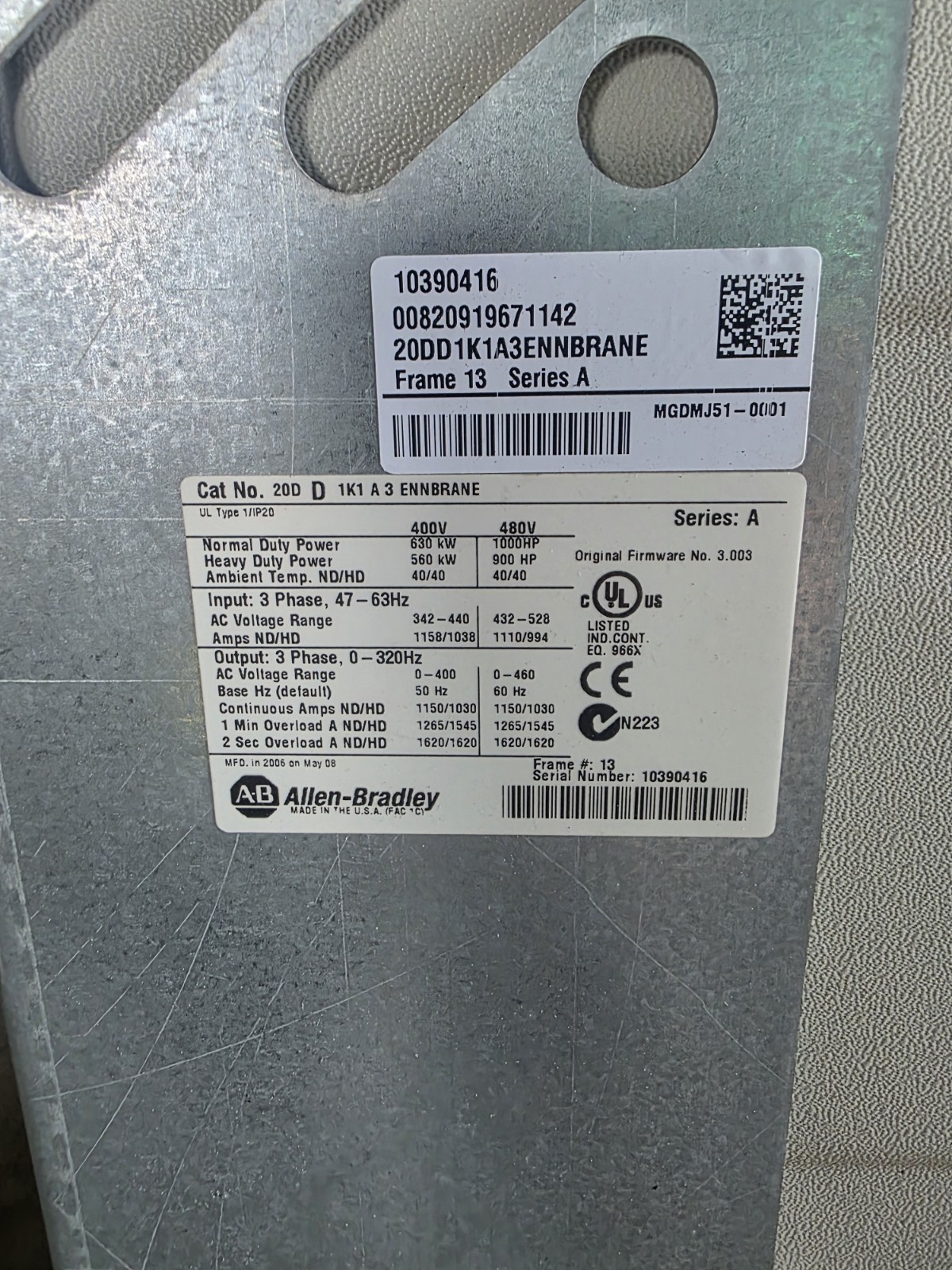 Allen-Bradley PowerFlex 700S 20DD1K1A3ENNBRANE 1000 HP 480V AC Drive Complete…