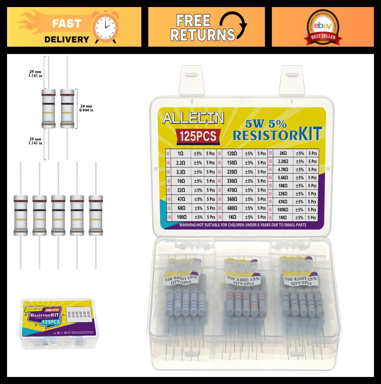 5W Carbon Film Resistor Assortment Kit – 25 Values from 1 Ohm to 1M Ohm, 5% Tole