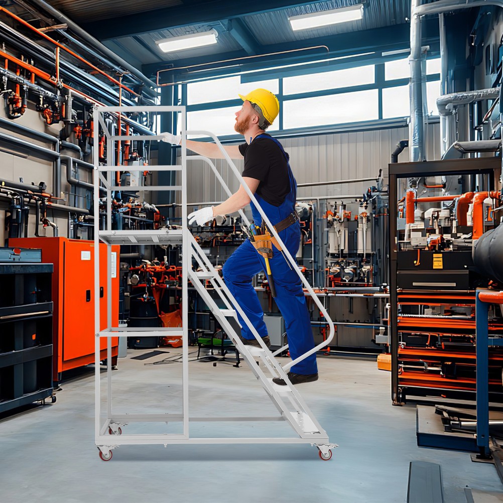 6 Step Rolling Warehouse Step Ladder, Movable Platform Ladder with Locking Wheel